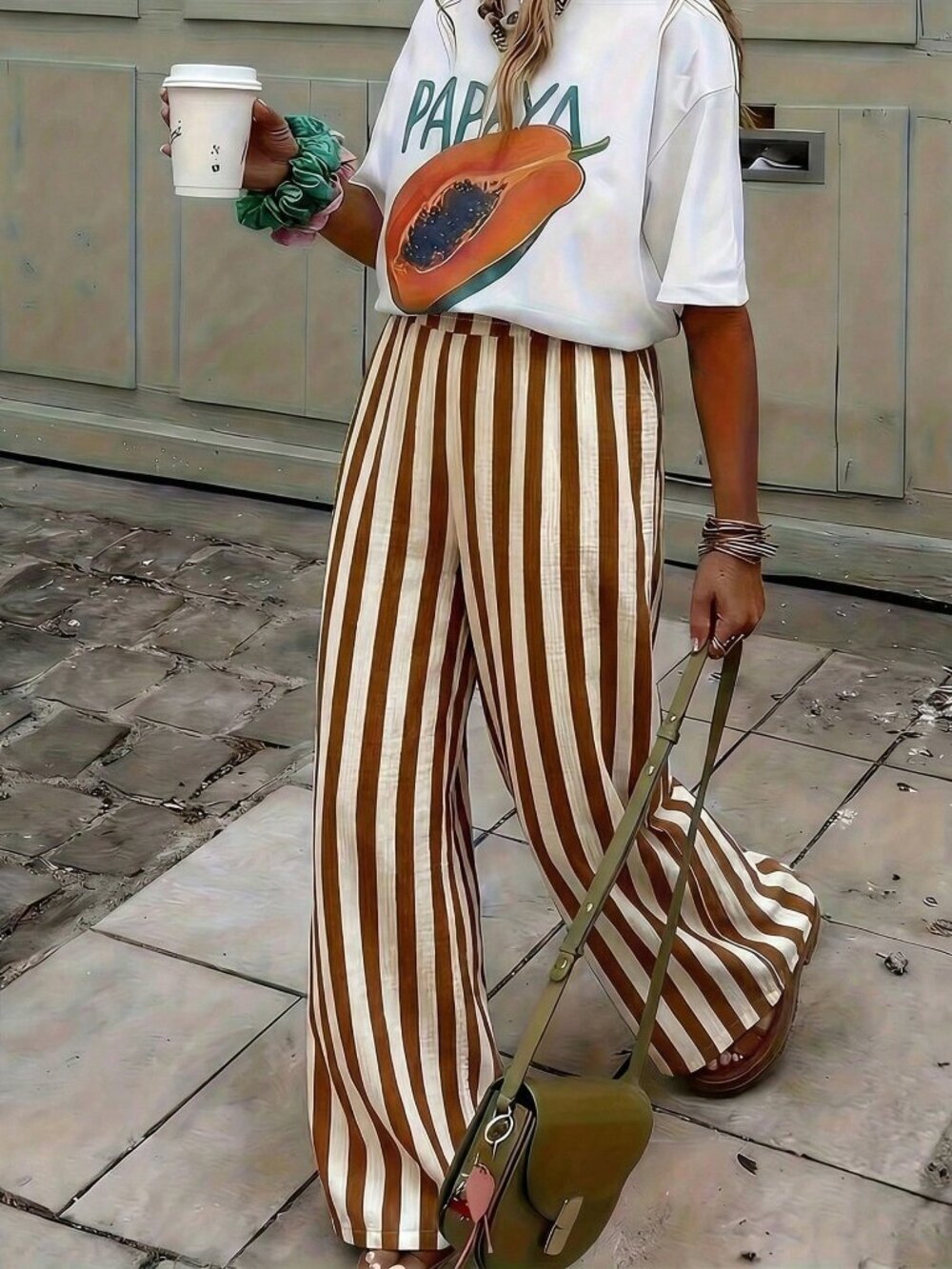 Brown Casual Women's Striped Woven Wide Leg Beach Pants - Picture 3 of 5